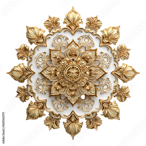 Golden Ornate Mandala on Black Background.