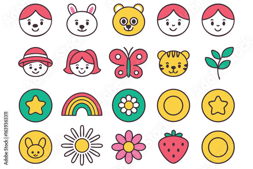 Collection of cute cartoon faces animals and objects isolated on white background
