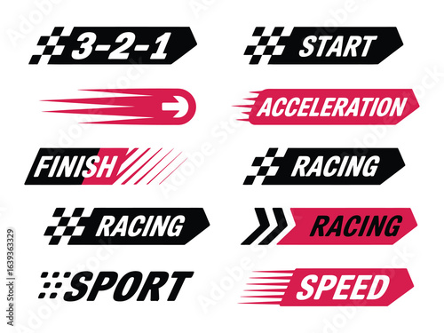 A set of racing themed design elements with start, finish, and speed labels for sports competition.