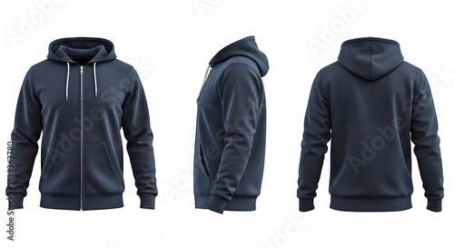 A versatile navy full-zip hoodie displayed from multiple angles perfect for showcasing clothing designs or retail product listings Its plain surface offers a blank canvas for custom graphics