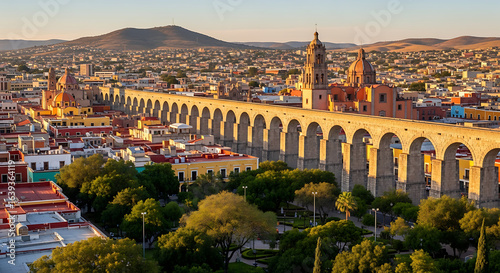 A panoramic view of the historic Aqueduct of Querétaro, Mexico, a famous architectural landmark under a sunny sky.