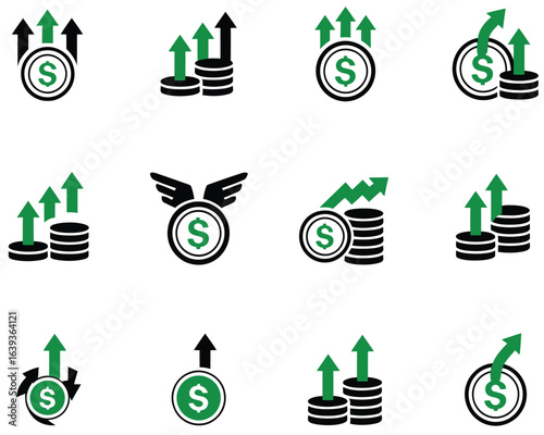 A set of twelve minimalist financial icons symbolizing investment growth, profit, and economic success with coins and arrows.