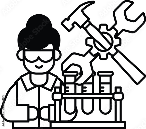 A man is working on a machine with a hammer and wrench
