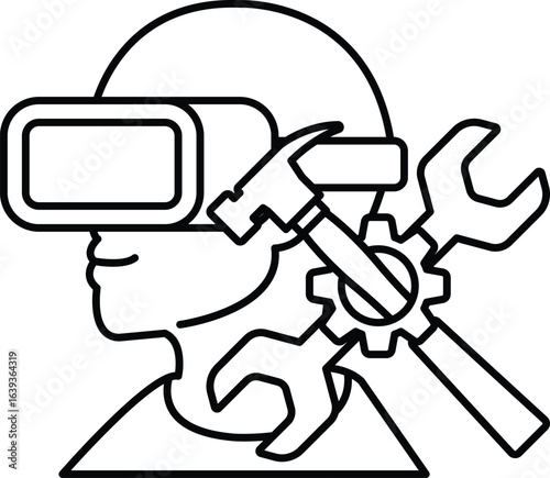 A man wearing a VR headset is holding a hammer and a wrench