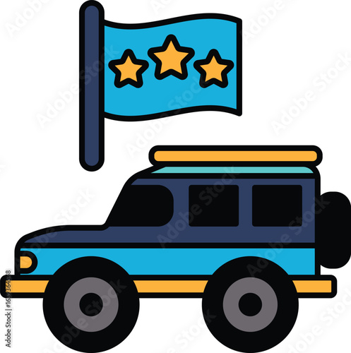A black and white drawing of a car with a flag and three stars on it
