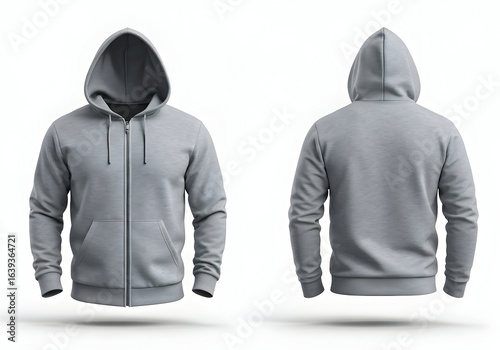 Plain grey full zip hoodie front and back views a versatile apparel mockup for your clothing designs or print on demand product showcase ideal for e-commerce listings