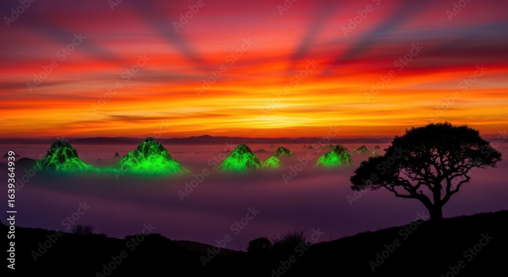 Obraz premium Vivid Sunset Over Mountain Landscape with Green Glowing Peaks and Silhouette Tree