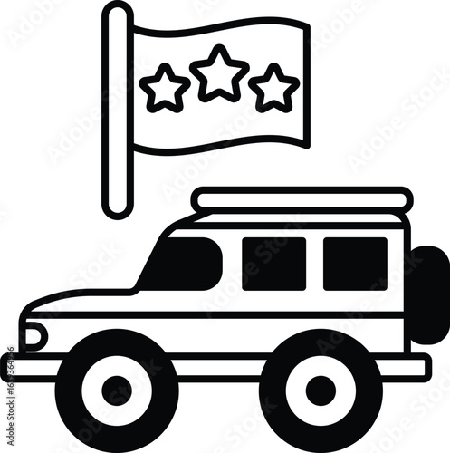 A black and white drawing of a car with a flag and three stars on it