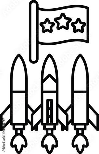 Three rockets are flying in the sky with a flag in the background