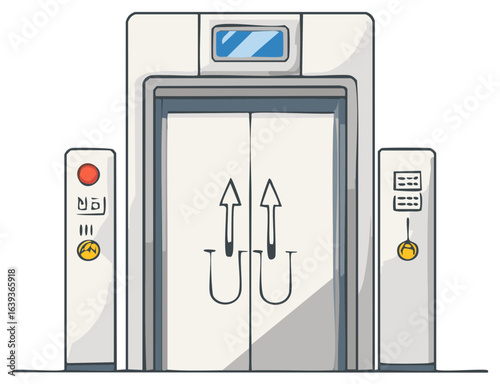 Hand-drawn illustration of a modern elevator with closed doors and control panels