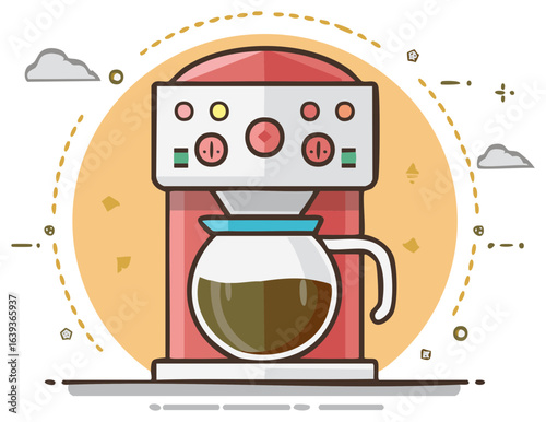 Red drip coffee maker machine with a glass pot of fresh brewed coffee flat line vector illustration