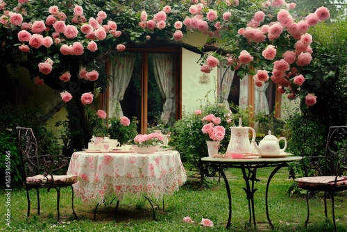 Fototapeta Naklejka Na Ścianę i Meble -  A romantic garden setting with a tea table beneath a rose arbor, featuring pastel pink roses, a floral tablecloth, and wrought iron chairs