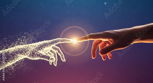 Humanity's touch ignites creation, a cosmic spark connecting worlds in a celestial ballet