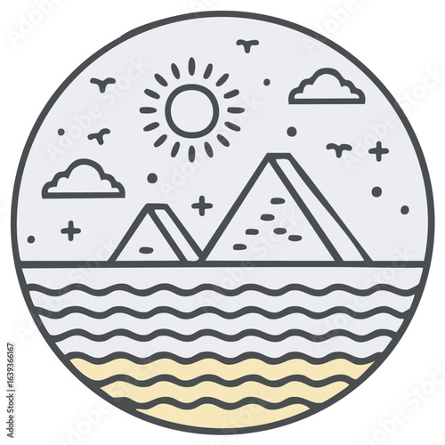 Abstract Egypt: Pyramids by the River Nile under the Sun in a Geometric Scene