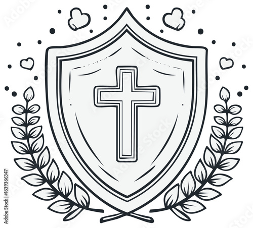 Christian shield with cross and laurel branches isolated on white background in hand drawn style