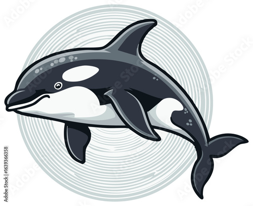 Friendly killer whale cartoon illustration of a swimming marine mammal
