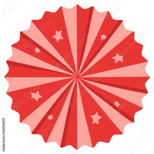 Red and pink starburst paper fan design with a scalloped edge, festive background