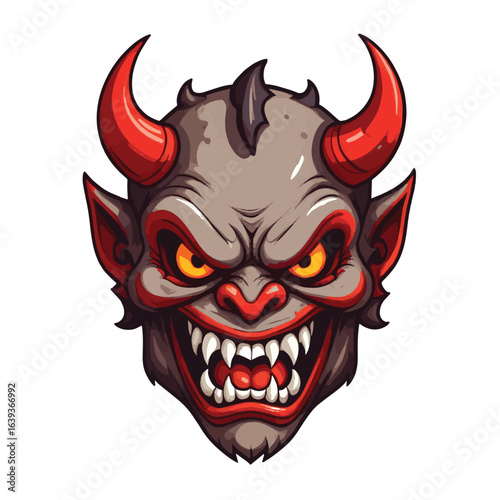 Fearsome Cartoon Red Devil Head with Sharp Teeth and Horns - Menacing Demon Mascot Vector Illustration for Halloween, Fantasy, Horror, and Gaming Concepts

