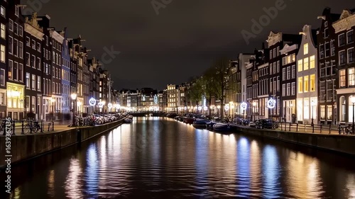 Amsterdam Canal at Night, Festive Lights