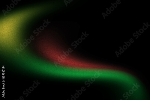 Red and green glowing shape on dark grainy black background with blurred yellow gradient texture design