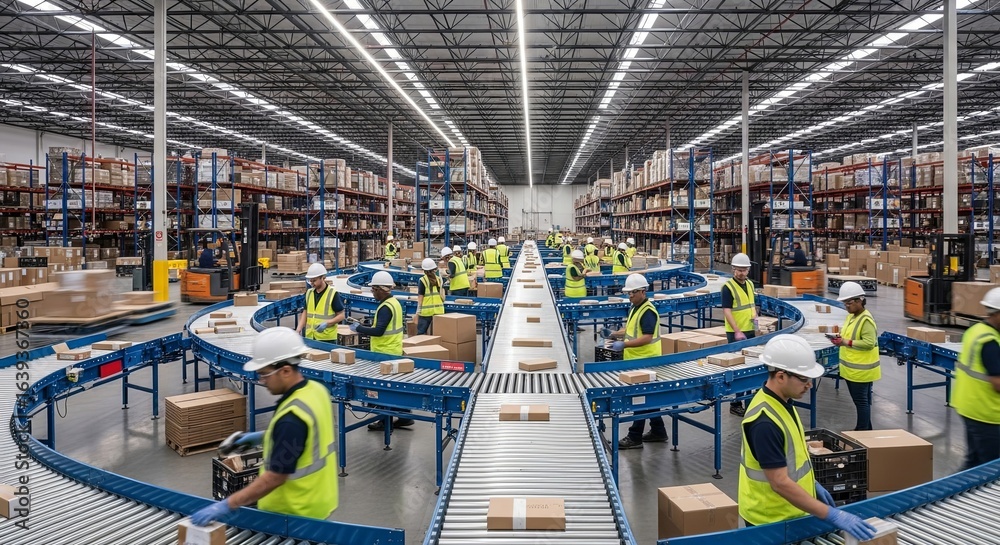 Naklejka premium Efficient Warehouse Operations with Workers and Conveyor Systems