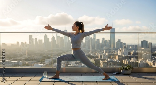 Young woman practicing Warrior II yoga pose on a city rooftop at sunrise.