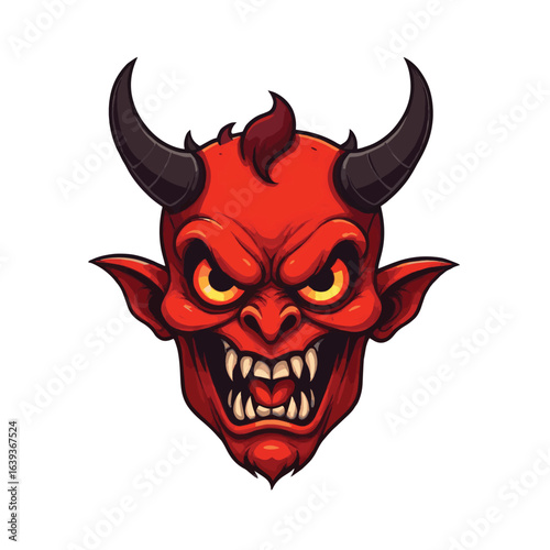 Sinister Cartoon Grey Devil Head with Fiery Red Horns and Glowing Eyes - Creepy Demon Mascot Vector Illustration for Halloween, Horror, Fantasy, and Dark Themes

