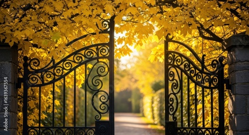 Wrought Iron Gate Open Autumn Foliage Scene in Warm Sunset Light