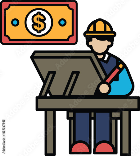 A man is sitting at a desk with a dollar bill in front of him