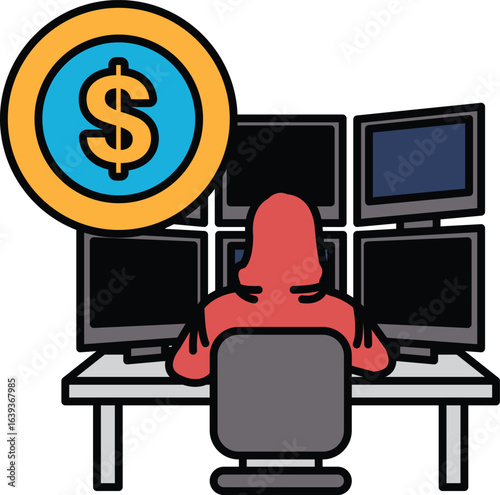 A woman is sitting at a desk with a computer monitor and a $1 bill