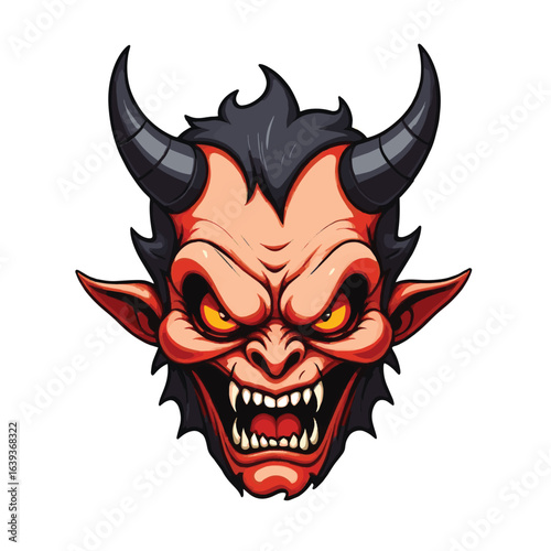 Sinister Cartoon Grey Devil Head with Fiery Red Horns and Glowing Eyes - Creepy Demon Mascot Vector Illustration for Halloween, Horror, Fantasy, and Dark Themes

