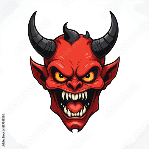 Sinister Cartoon Grey Devil Head with Fiery Red Horns and Glowing Eyes - Creepy Demon Mascot Vector Illustration for Halloween, Horror, Fantasy, and Dark Themes

