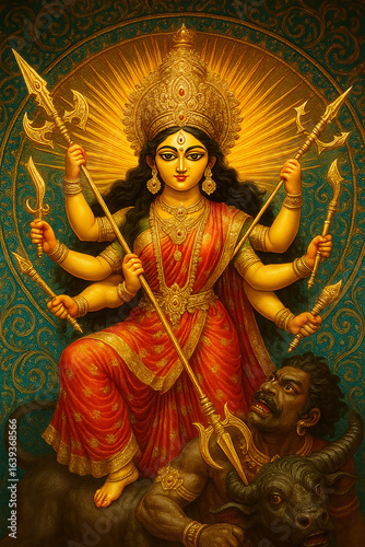 Majestic Durga idol slaying Mahishasura, golden weapons, intricate crown, radiant backdrop.