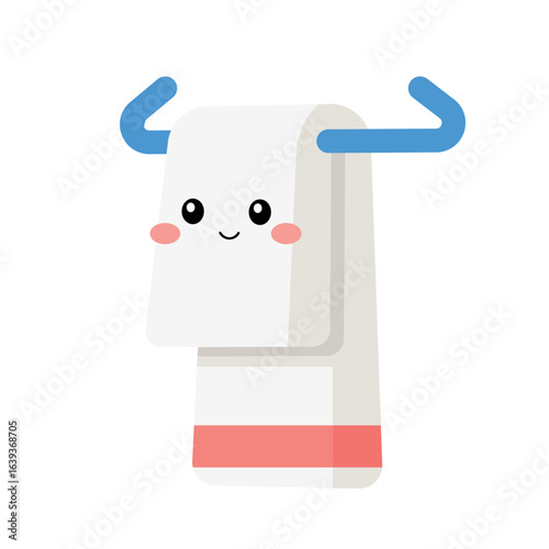 Cute vector illustration of a smiling bathroom towel hanging on a rack, perfect for hygiene, cleaning, or home decor designs.