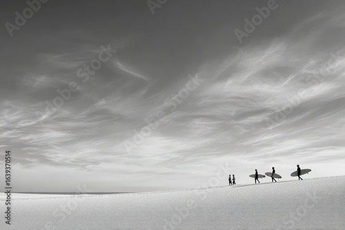 Monochrome image of surfers walking on a sandy beach under dramatic sky, black and white photography capturing adventure sport and lifestyle, scenic seascape