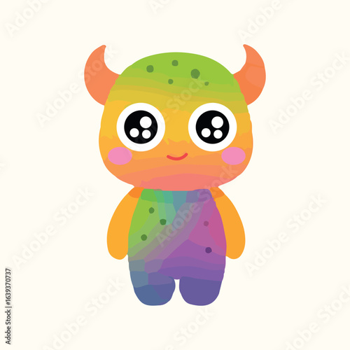 Cute colorful cartoon monster character with big eyes, horns, and rainbow body in a flat vector style.