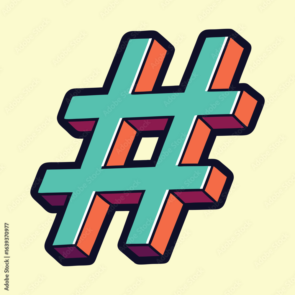 Fototapeta premium Bold three dimensional teal hashtag symbol with orange accents on a cream background