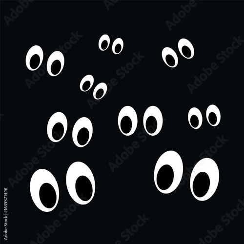 Vector illustration of cartoon eyes glowing in the dark, symbolizing night, fear, or mystery.
