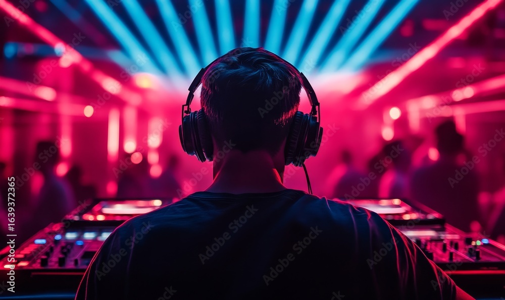 Fototapeta premium DJ with headphones playing music in a club, illuminated by laser lights, creating an energetic and exciting atmosphere, Generative AI