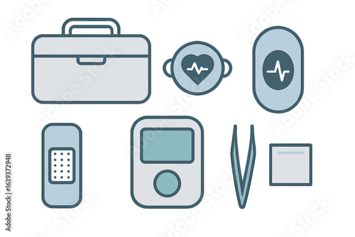 Health and medical tools including a kit, monitor, bandage, and tweezers displayed on a clean background