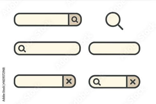 Various search bar designs featuring different shapes and elements for web and app interfaces