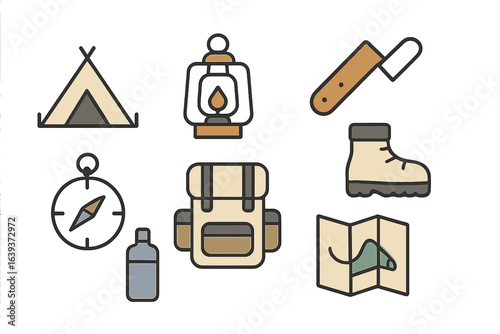 Essential camping gear for outdoor adventures includes tents, lights, maps, and tools