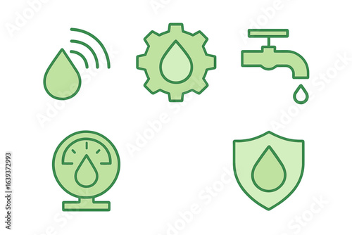 Icons representing water management, control systems, and safety measures in a modern urban environment