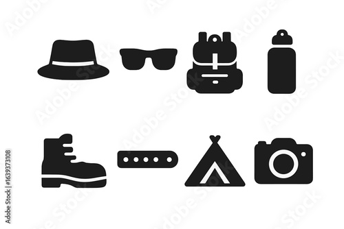 Explore outdoors with essential gear including hats, sunglasses, boots, water bottles, and camping supplies for a great adventure