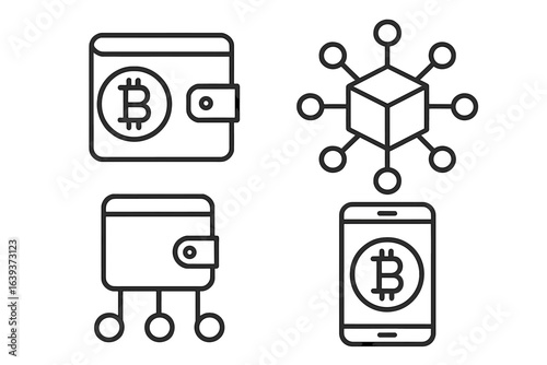 Symbols representing cryptocurrency wallets and blockchain technology in a simplified design suitable for digital applications