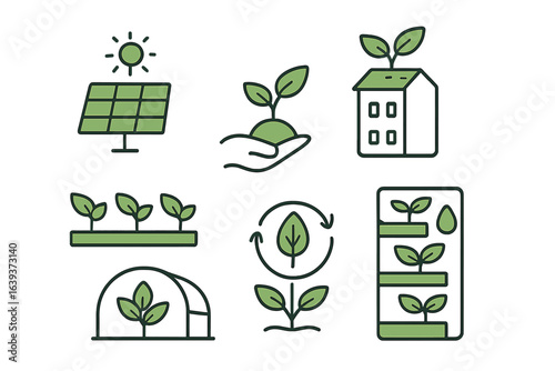 Illustrations of sustainable gardening concepts highlighting renewable energy and plant growth