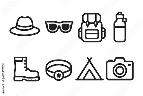 Essential camping gear for outdoor adventures including a hat, sunglasses, backpack, and water bottle