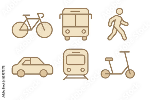 Different modes of transportation illustrated in a simple design showcasing biking, walking, and public transit in a minimalist style