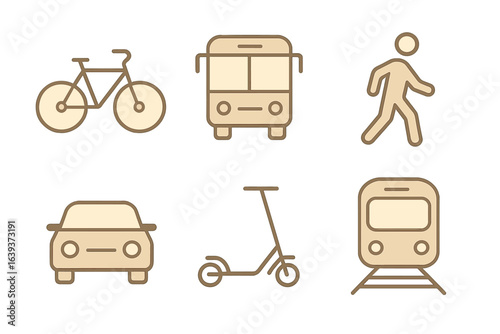 Various modes of transportation are illustrated, showcasing choices for commuting in a modern city setting