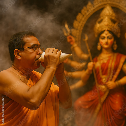 Shankh blowing ritual at Durga Puja, priest in saffron, incense smoke, sacred atmosphere